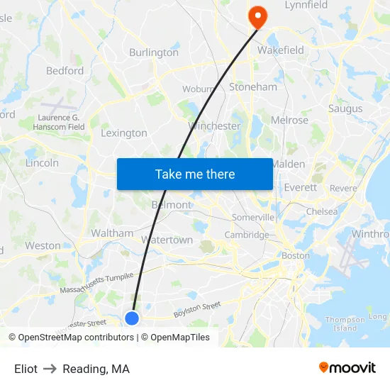 Eliot to Reading, MA map