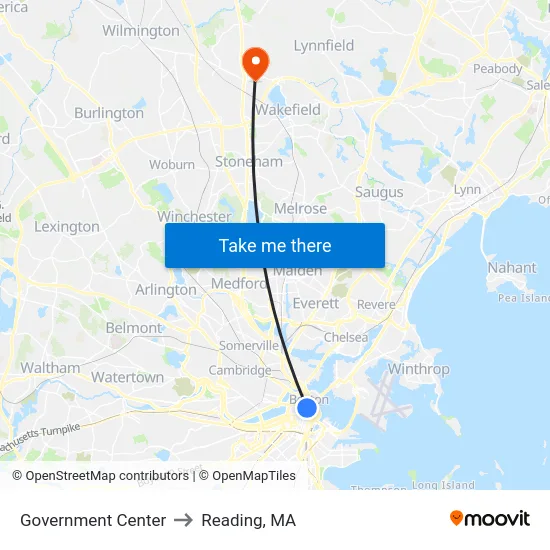 Government Center to Reading, MA map