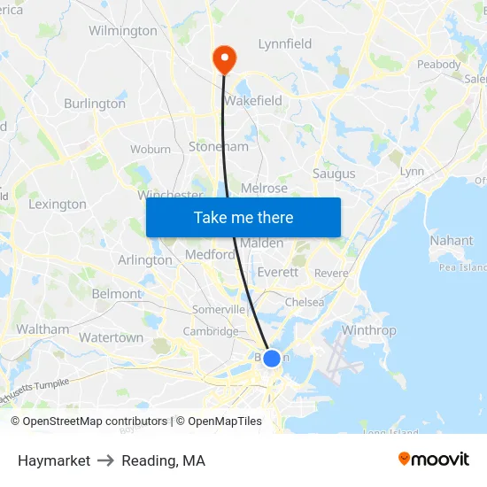 Haymarket to Reading, MA map
