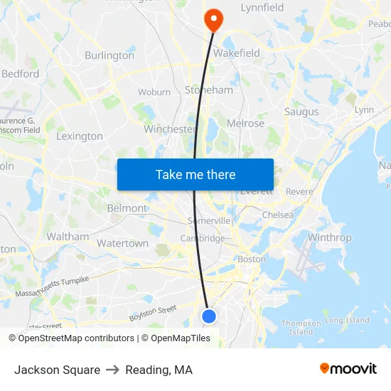 Jackson Square to Reading, MA map