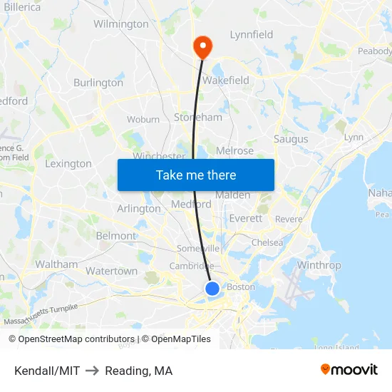 Kendall/MIT to Reading, MA map