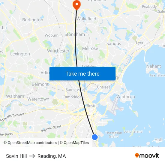 Savin Hill to Reading, MA map