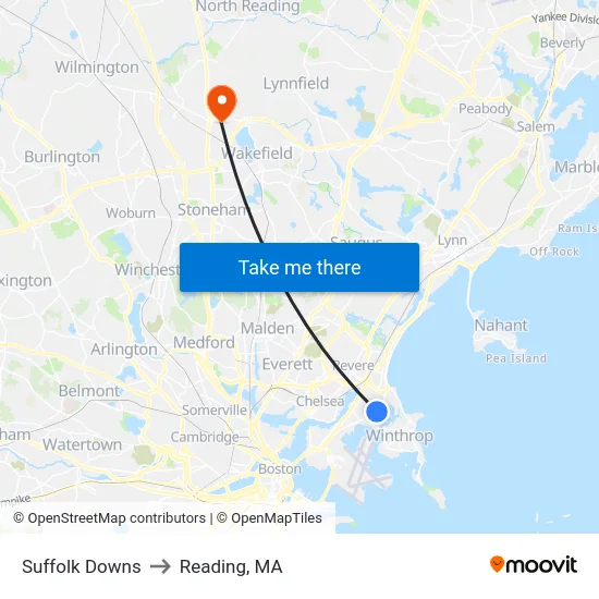 Suffolk Downs to Reading, MA map