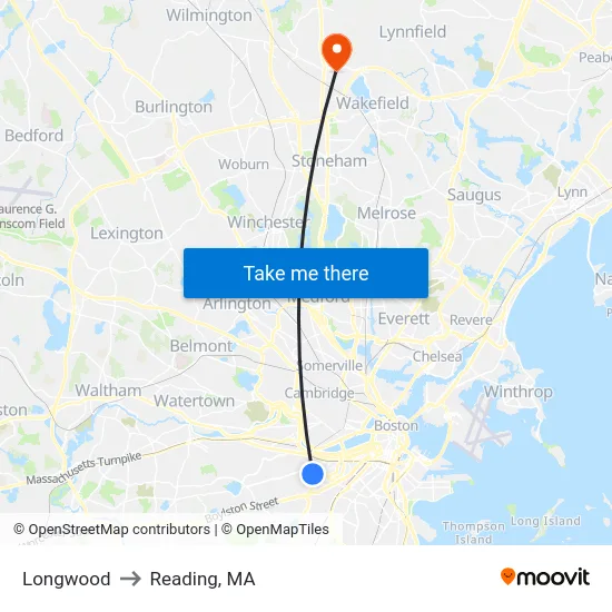 Longwood to Reading, MA map