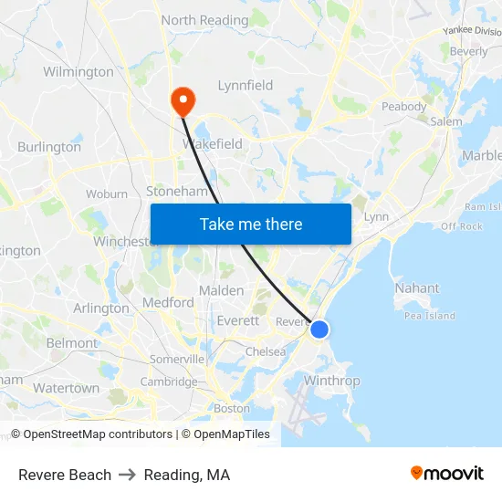 Revere Beach to Reading, MA map