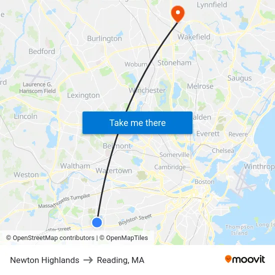 Newton Highlands to Reading, MA map