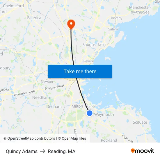 Quincy Adams to Reading, MA map