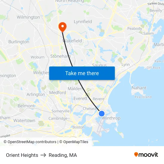 Orient Heights to Reading, MA map