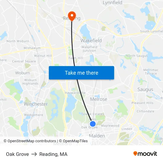Oak Grove to Reading, MA map