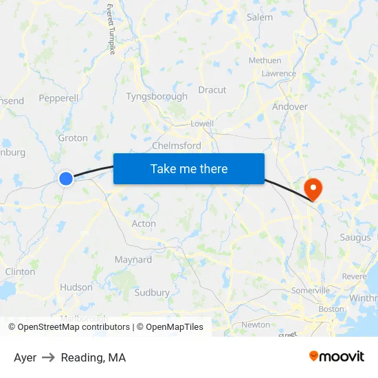 Ayer to Reading, MA map
