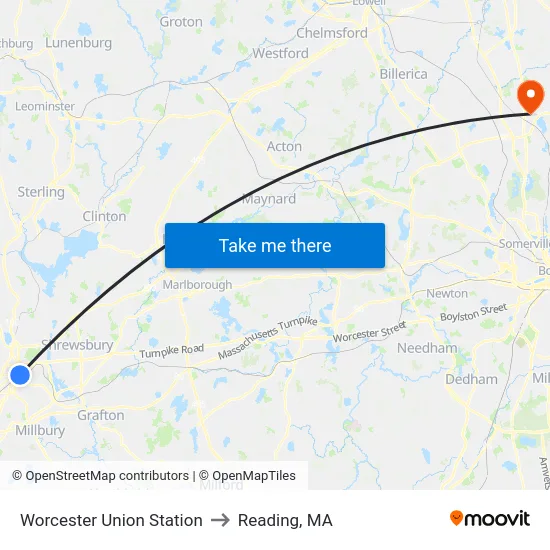 Worcester Union Station to Reading, MA map
