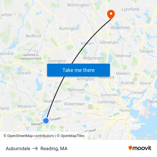 Auburndale to Reading, MA map