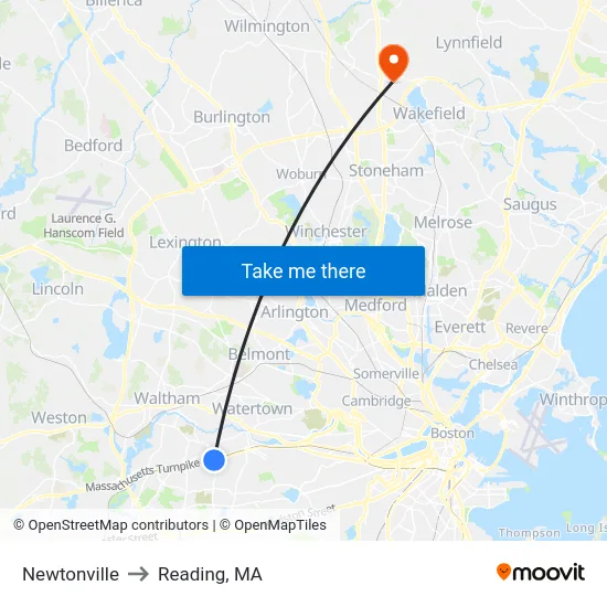 Newtonville to Reading, MA map