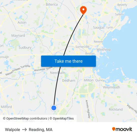 Walpole to Reading, MA map