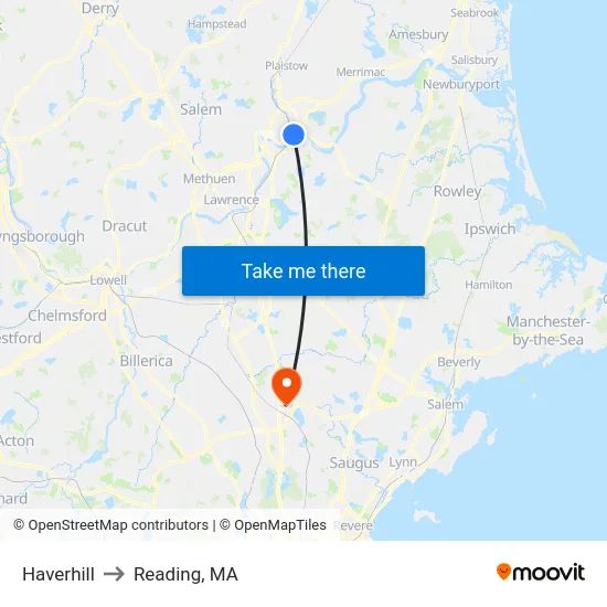 Haverhill to Reading, MA map