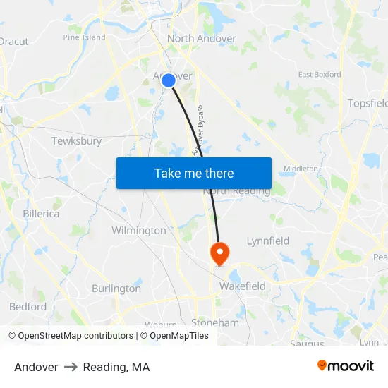 Andover to Reading, MA map