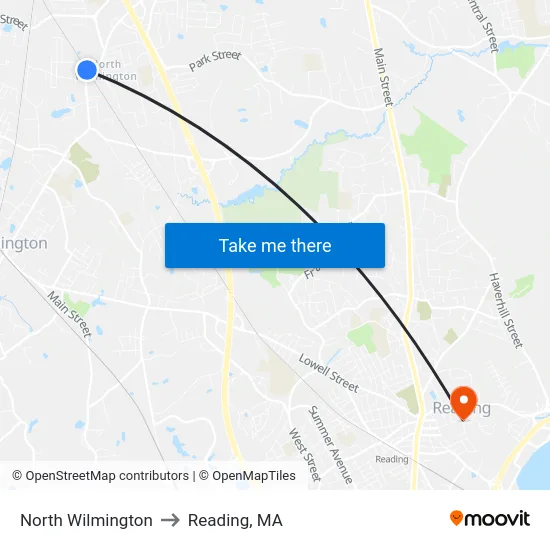 North Wilmington to Reading, MA map
