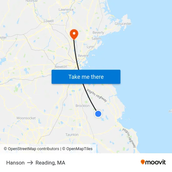 Hanson to Reading, MA map