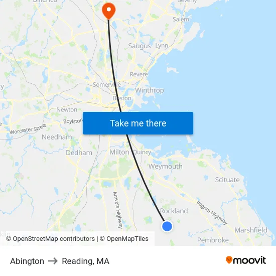Abington to Reading, MA map