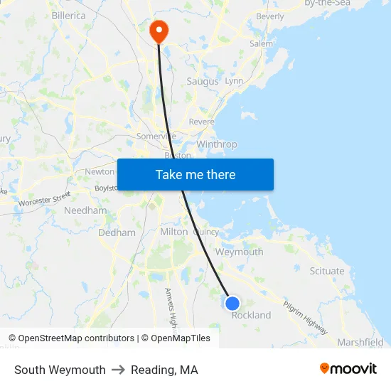 South Weymouth to Reading, MA map