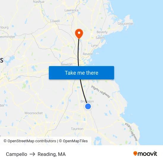 Campello to Reading, MA map