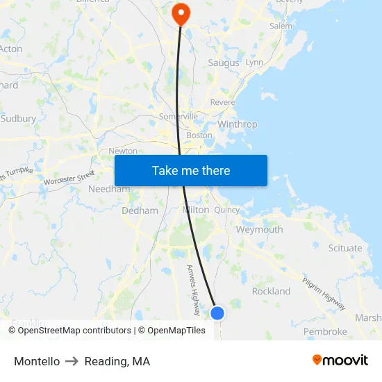 Montello to Reading, MA map
