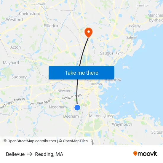 Bellevue to Reading, MA map