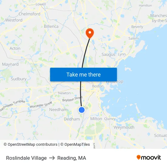 Roslindale Village to Reading, MA map