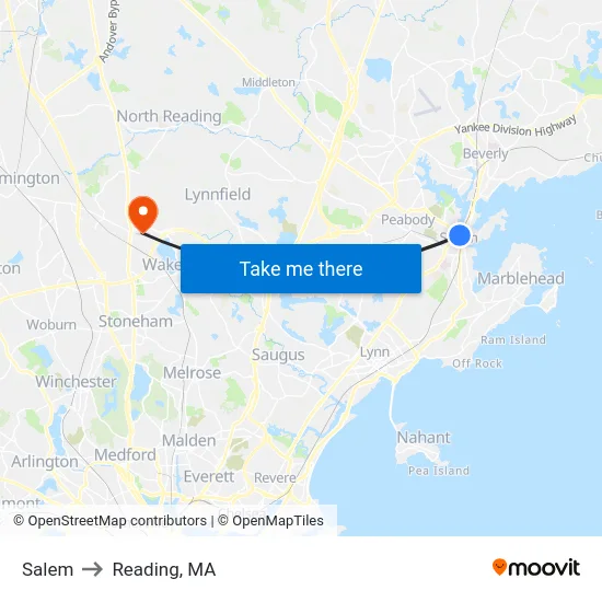 Salem to Reading, MA map