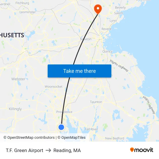 T.F. Green Airport to Reading, MA map