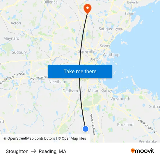 Stoughton to Reading, MA map