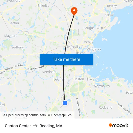 Canton Center to Reading, MA map