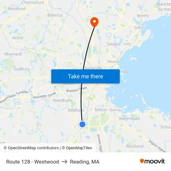 Route 128 - Westwood to Reading, MA map