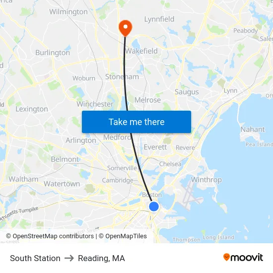 South Station to Reading, MA map
