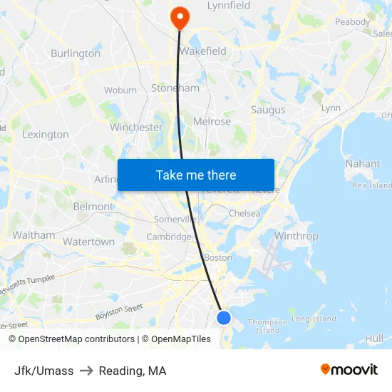 Jfk/Umass to Reading, MA map