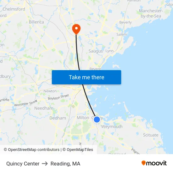 Quincy Center to Reading, MA map