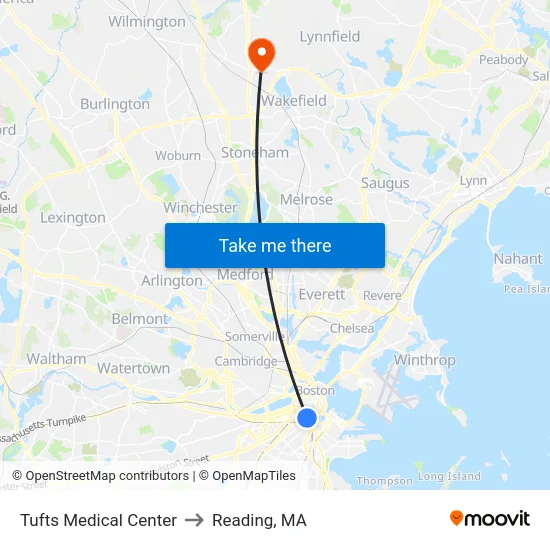 Tufts Medical Center to Reading, MA map