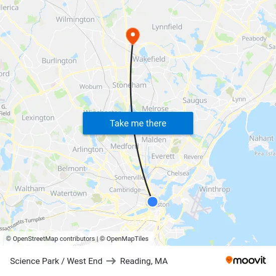 Science Park / West End to Reading, MA map