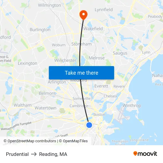 Prudential to Reading, MA map