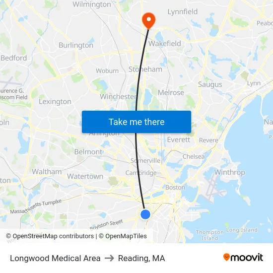 Longwood Medical Area to Reading, MA map