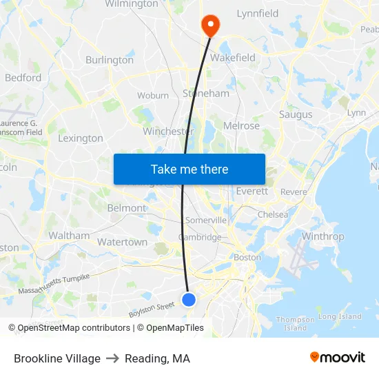 Brookline Village to Reading, MA map