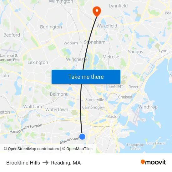 Brookline Hills to Reading, MA map