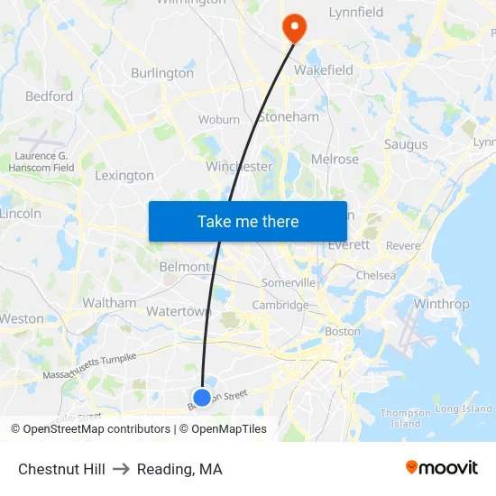 Chestnut Hill to Reading, MA map