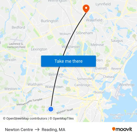 Newton Centre to Reading, MA map