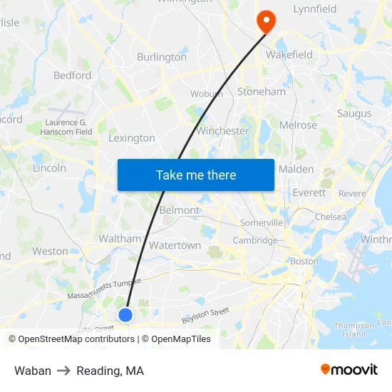 Waban to Reading, MA map