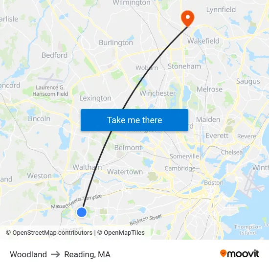 Woodland to Reading, MA map