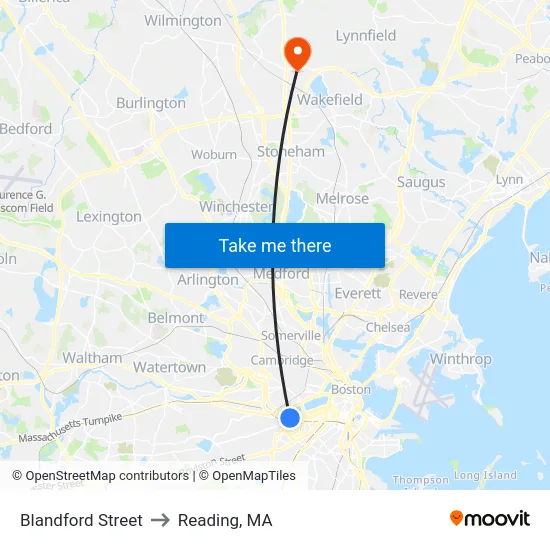 Blandford Street to Reading, MA map