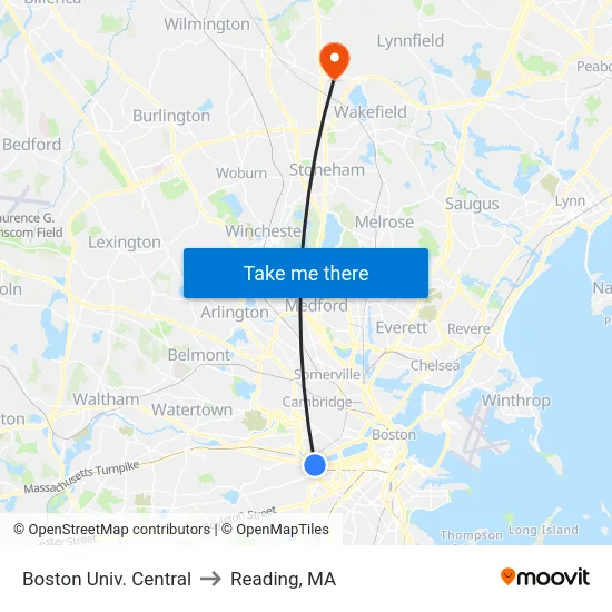 Boston Univ. Central to Reading, MA map