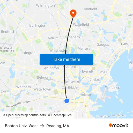 Boston Univ. West to Reading, MA map