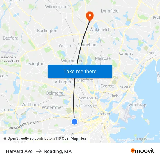 Harvard Ave. to Reading, MA map